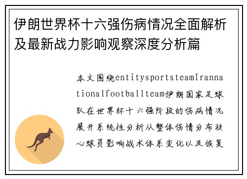 伊朗世界杯十六强伤病情况全面解析及最新战力影响观察深度分析篇